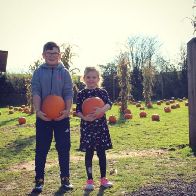HW   two kids with pumpkin at front of patch