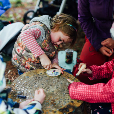 Forest School   kids using tools to make wood signs